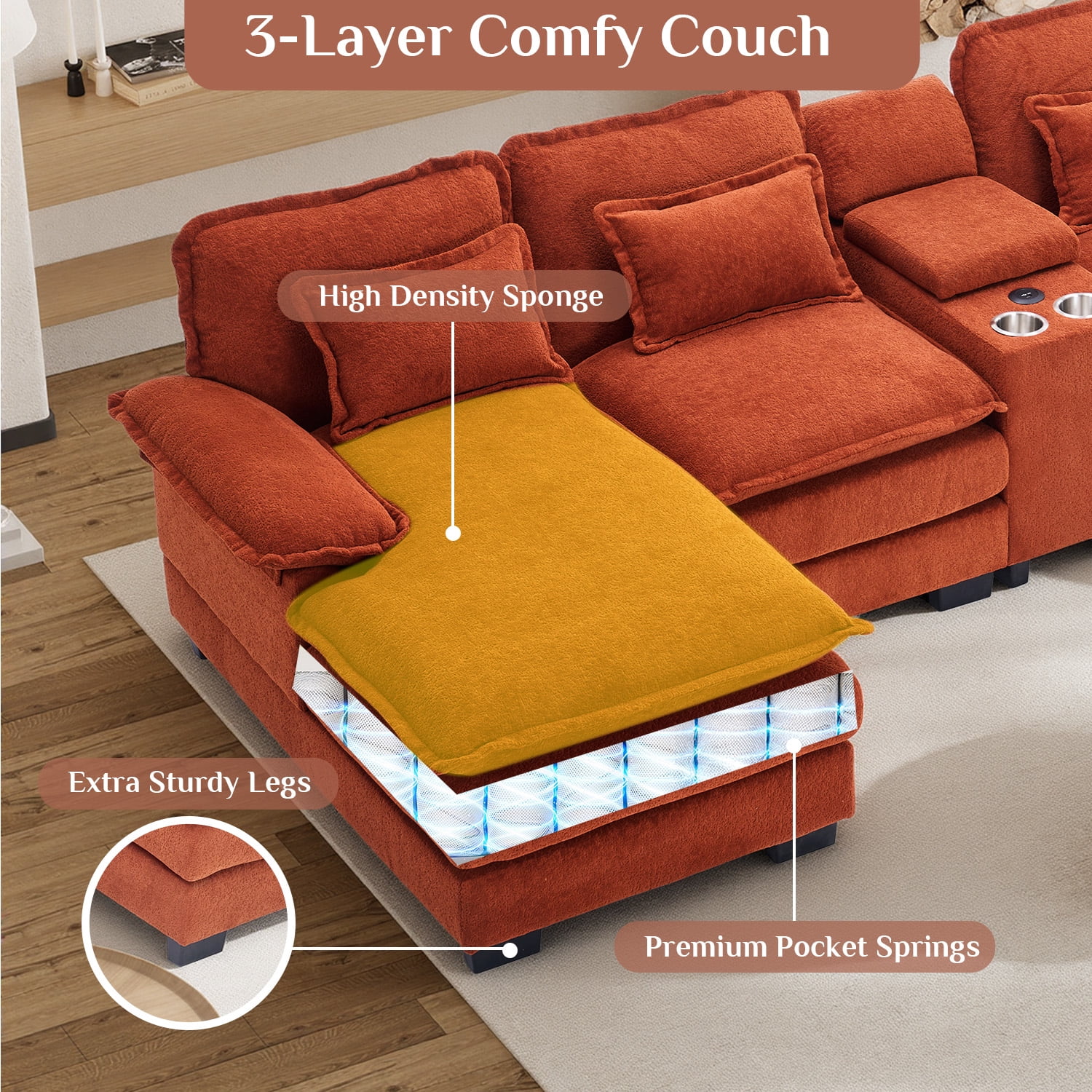 Wiilayok 133" U Shaped Cloud Couch Modular Sectional Couches for Living Room Fluffy Chenille Deep Seat Sofa set w/ Double Chaise Lounge, Storage Central Console, Cup Holders, USB Port, Sunset Orange