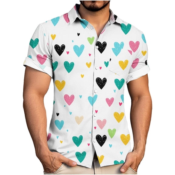 Eryao Valentines Day Heart Shirt for Men Big and Tall Short Sleeve Button Down Shirts Cute Funny Print Casual Hawaiian T-Shirt,Blue,XL