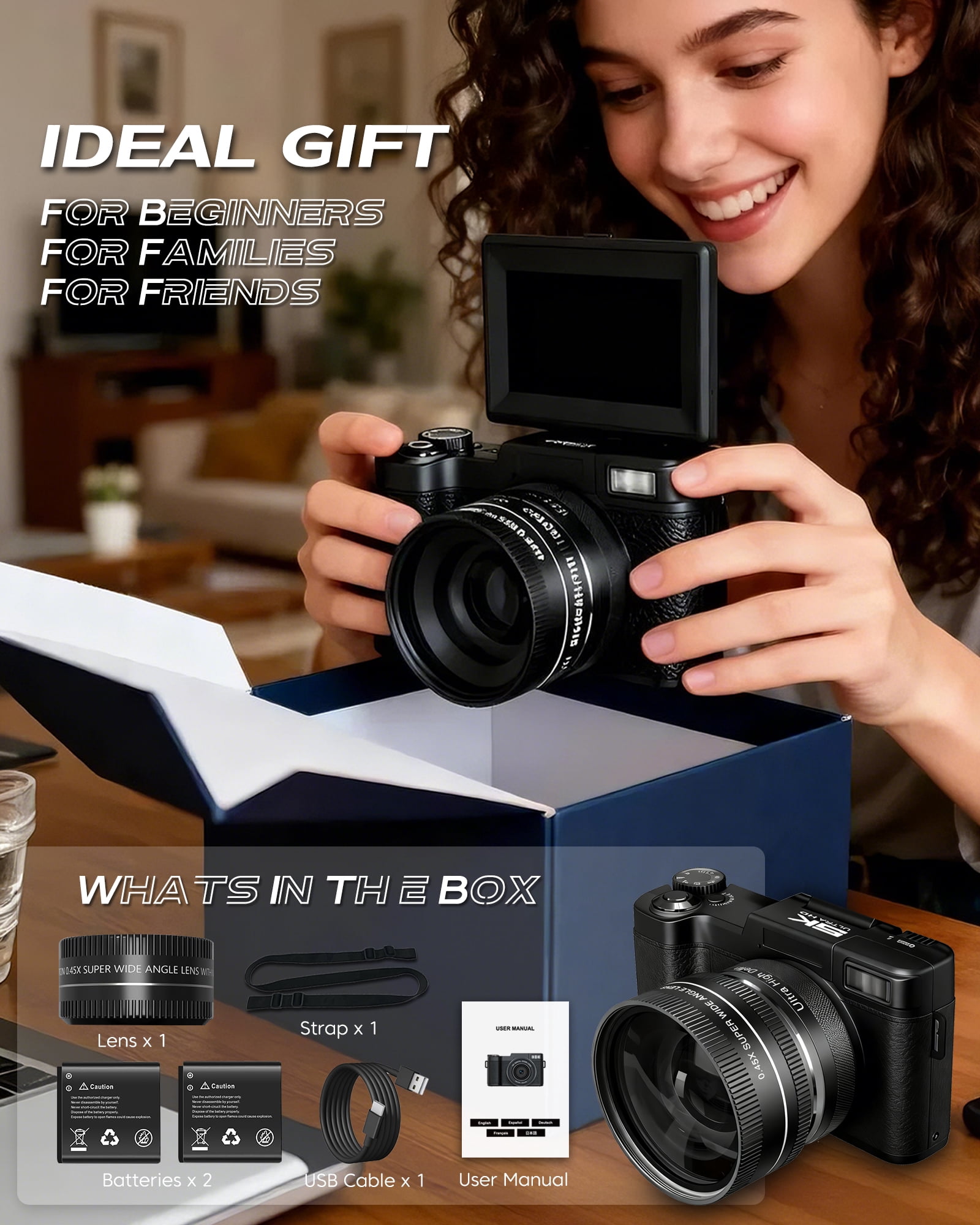 5K Vlogging Camera with WiFi 64MP 5K Digital Camera for Photography Vlog Camera with Flip Screen Video Camera for YouTube with wide-angle and macro lens,Batteries