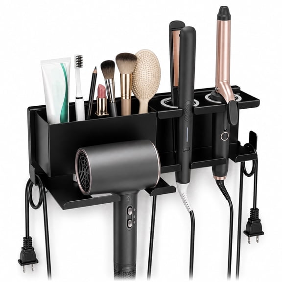 Hair Dryer Holder Wall Mounted, No‑Drill Metal Hair Tool Organizer for Blow Dryer, Curling Iron, Hair Straightener and Brush, Bathroom & Salon , Black