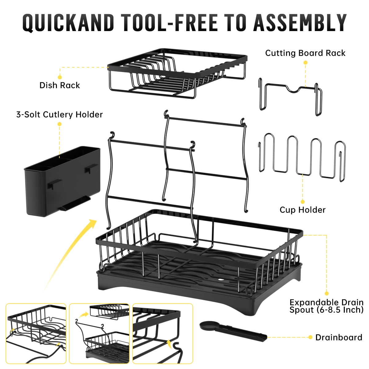 GPED 2 Tier Dish Drying Rack, Stainless Steel Dish Rack for Kitchen Counter, Kitchen Organizers and Storage Rack with Drainboard, Cutlery Holder, Cup Rack and Cutting Board Holder