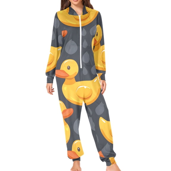 Cute Rubber Yellow Ducks Adult's Hoodie Onesie Jumpsuit One-Piece Pajamas with Zipper Unisex for Holiday S