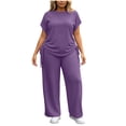 thumbnail image 6 of Ynynloco Women Plus Size 2 Piece Outfits Short Sleeve Pullover Top and Wide Straight Leg Pants Lounge Sets Tracksuit with Pockets, 6 of 8