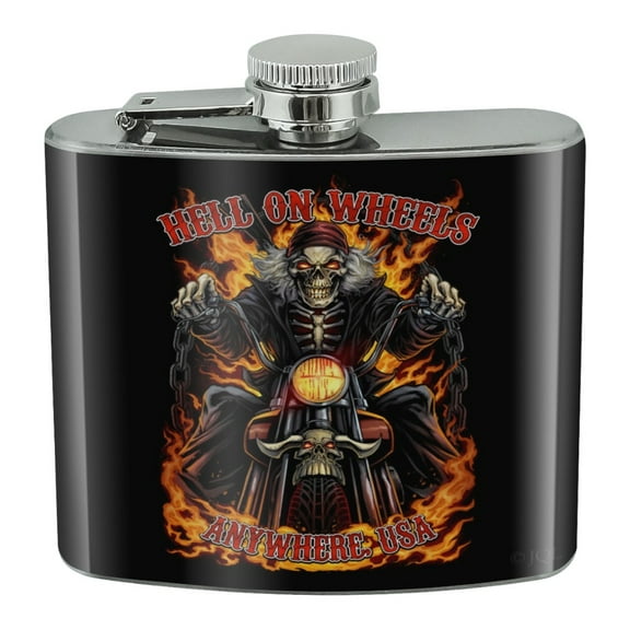 Hell On Wheels Motorcycle Skeleton Stainless Steel 5oz Hip Drink Kidney Flask