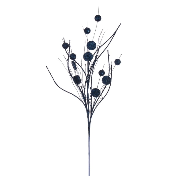 Vickerman 33" Midnight Blue Ball and Coin Glitter Twig Spray, 6 per bag.