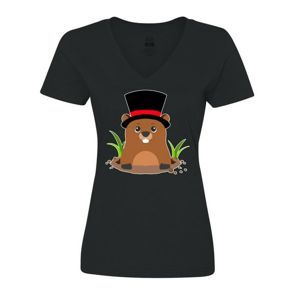 Inktastic Groundhog Day with Groundhog in Top Hat Women's V-Neck T-Shirt