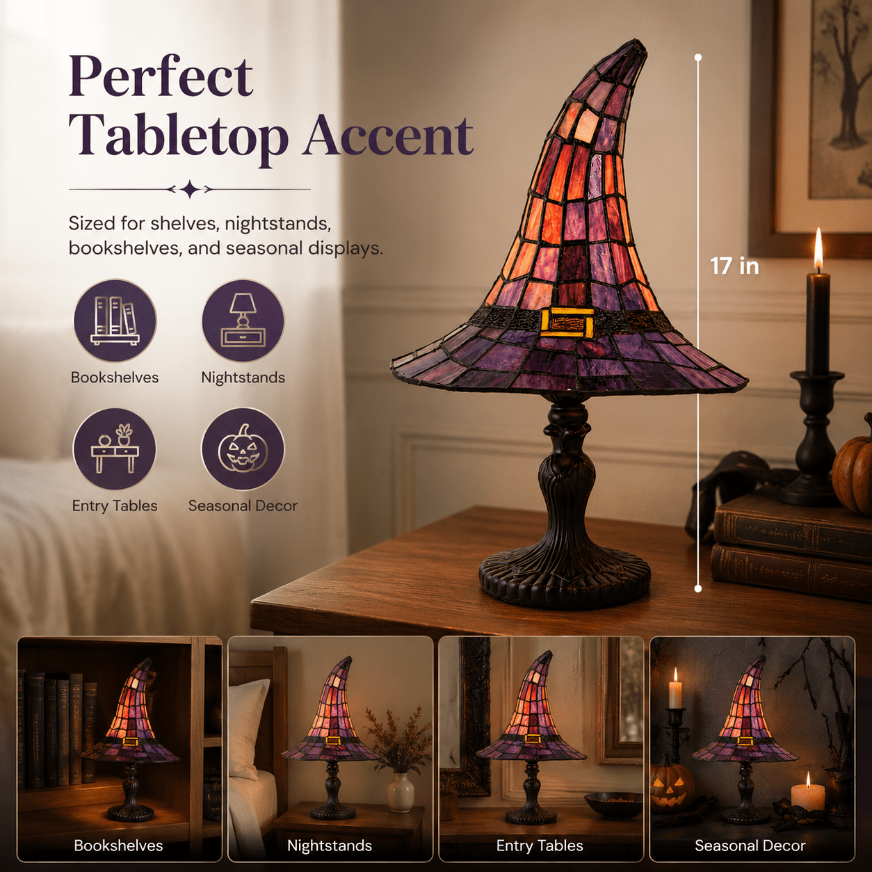 2026 Stained Glass Witch Hat Table Lamp, Colorful Gothic Halloween Décor with Purple & Orange Panels for Seasonal Accent Lighting & Display