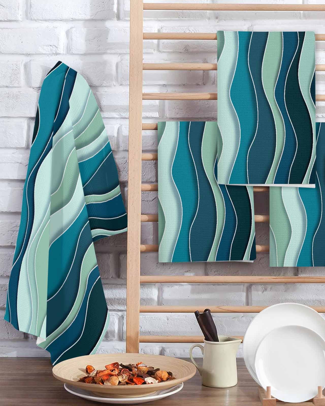Teal Ombre Kitchen Dish Towels for Drying Dishes Set of 3, Abstract Art Moire Ocean Waves Waffle Weave Microfiber Terry Hand Tea Bathroom Towels Quick Dry & Absorbent Towel 15.7x23.6