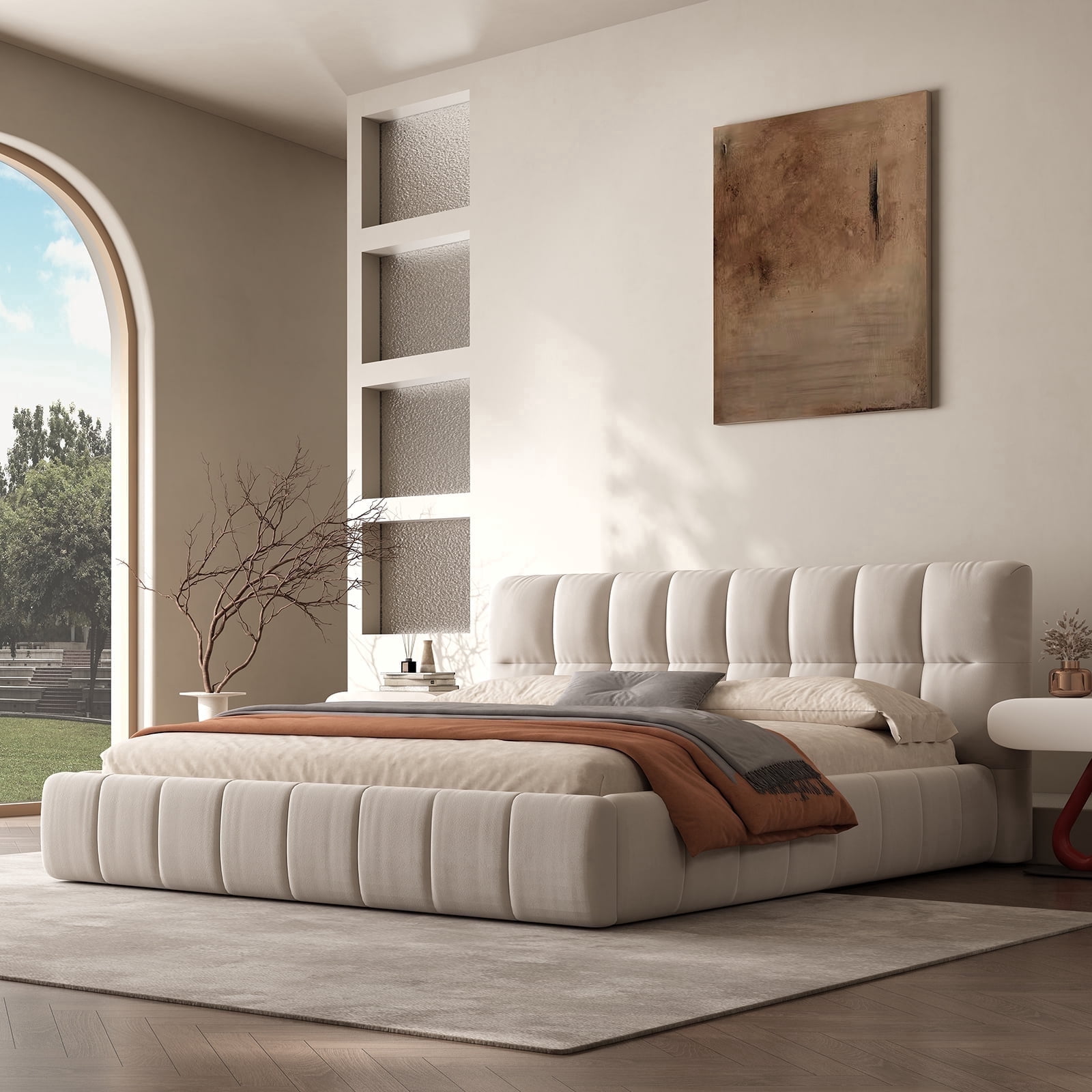 Queen Size Modern Cloud Platform Bed with 38.5-inch High Extra-Thick Soft Headboard, Includes Footboard, Block Design, Cream Upholstery, Grounded Floor Bed Frame,for Bedroom,Apartment Room