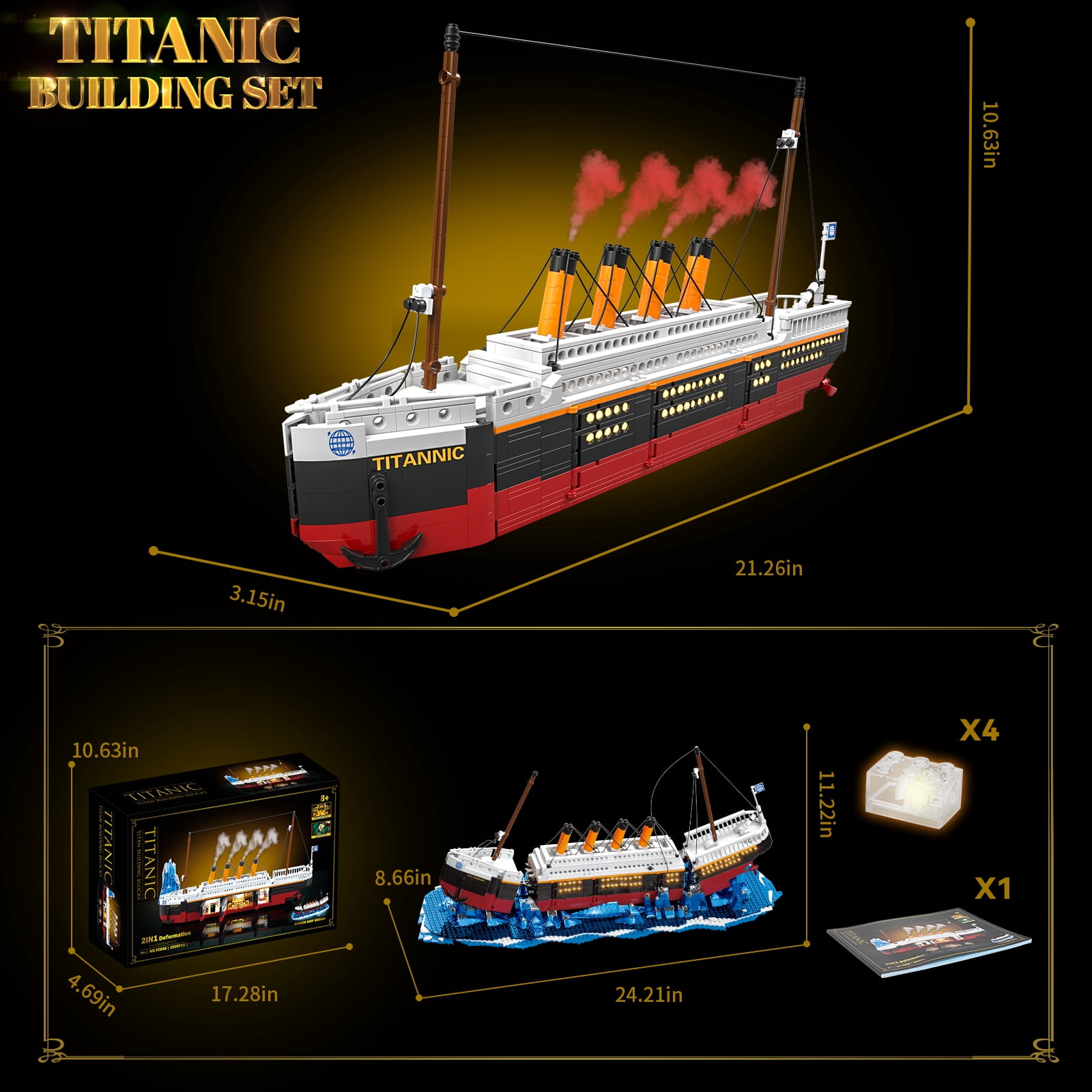 GOQI 2 in 1 Titanic Building Set, Titanic Big Ship Model Building Kit with Lights Bricks and Glacier, 1928 Pieces STEM Construction Toy for Teens Boys Ages 8-14+