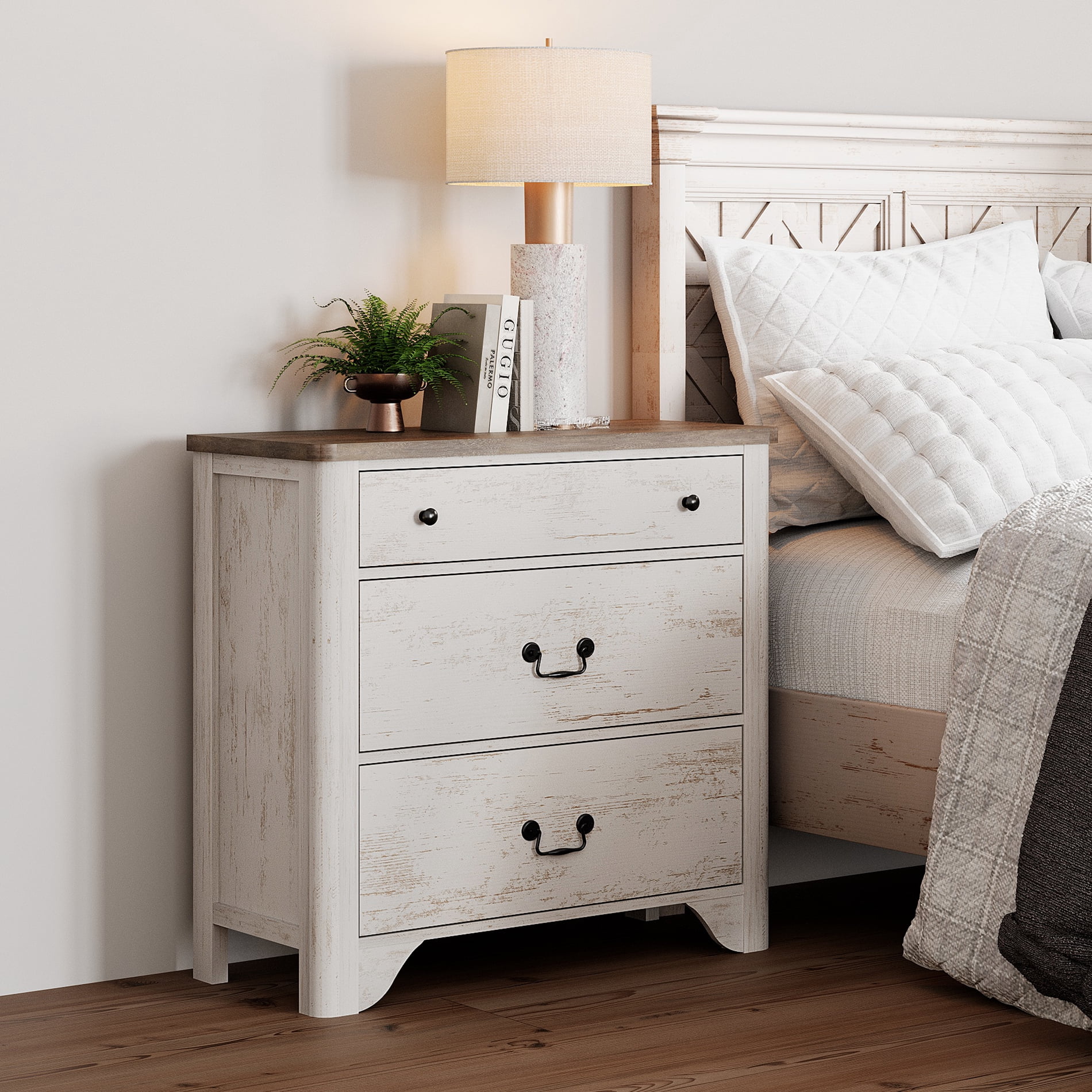 WAMPAT Farmhouse Nightstand with 3 Drawers, Large Wood Bedside Table Night Stand for Living Room, Bedroom, White