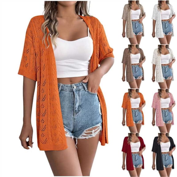Horkkom Cardigan Sweaters for Women Summer Knit Hollow out Short Sleeve Cardigans Casual Solid Color Long Lightweight Cardigans, Gifts for Women L