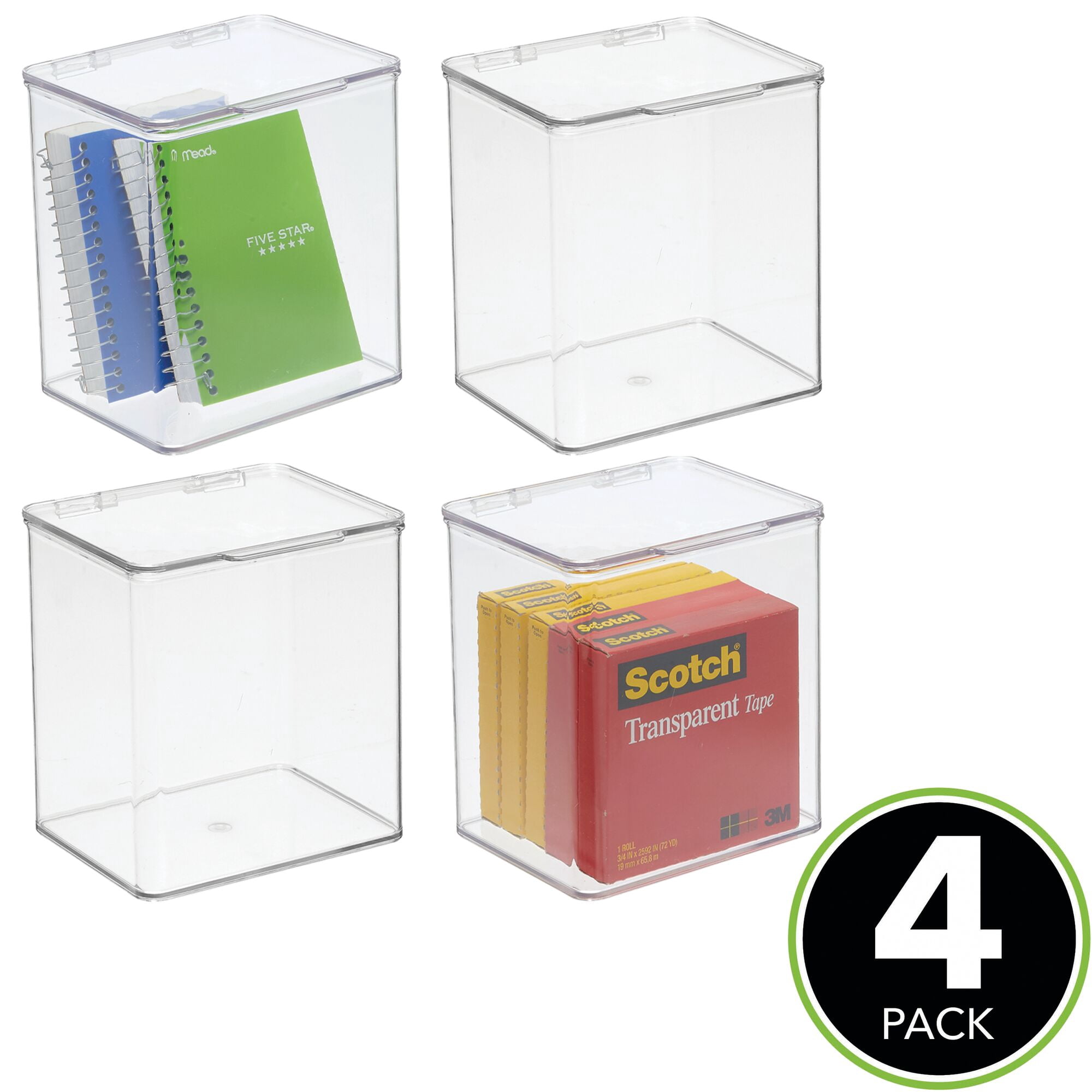 mDesign Plastic Desk Organizer Bin Box, Hinge Lid for Home Office, 4 Pack, Clear