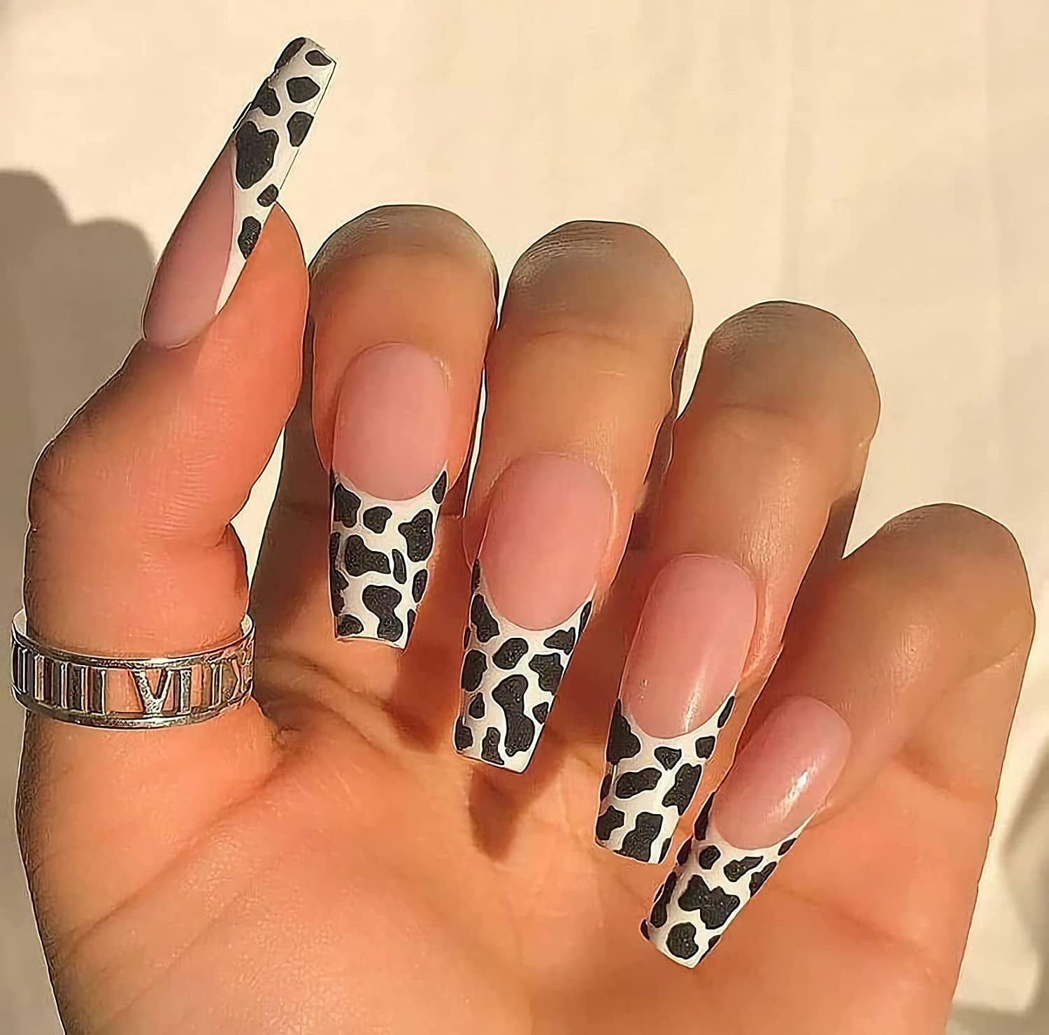 24pcs Coffin Acrylic Nails Glossy Long False Nails French Leopard Press On Fake Nails Gift For Women And Girls Walmart Com