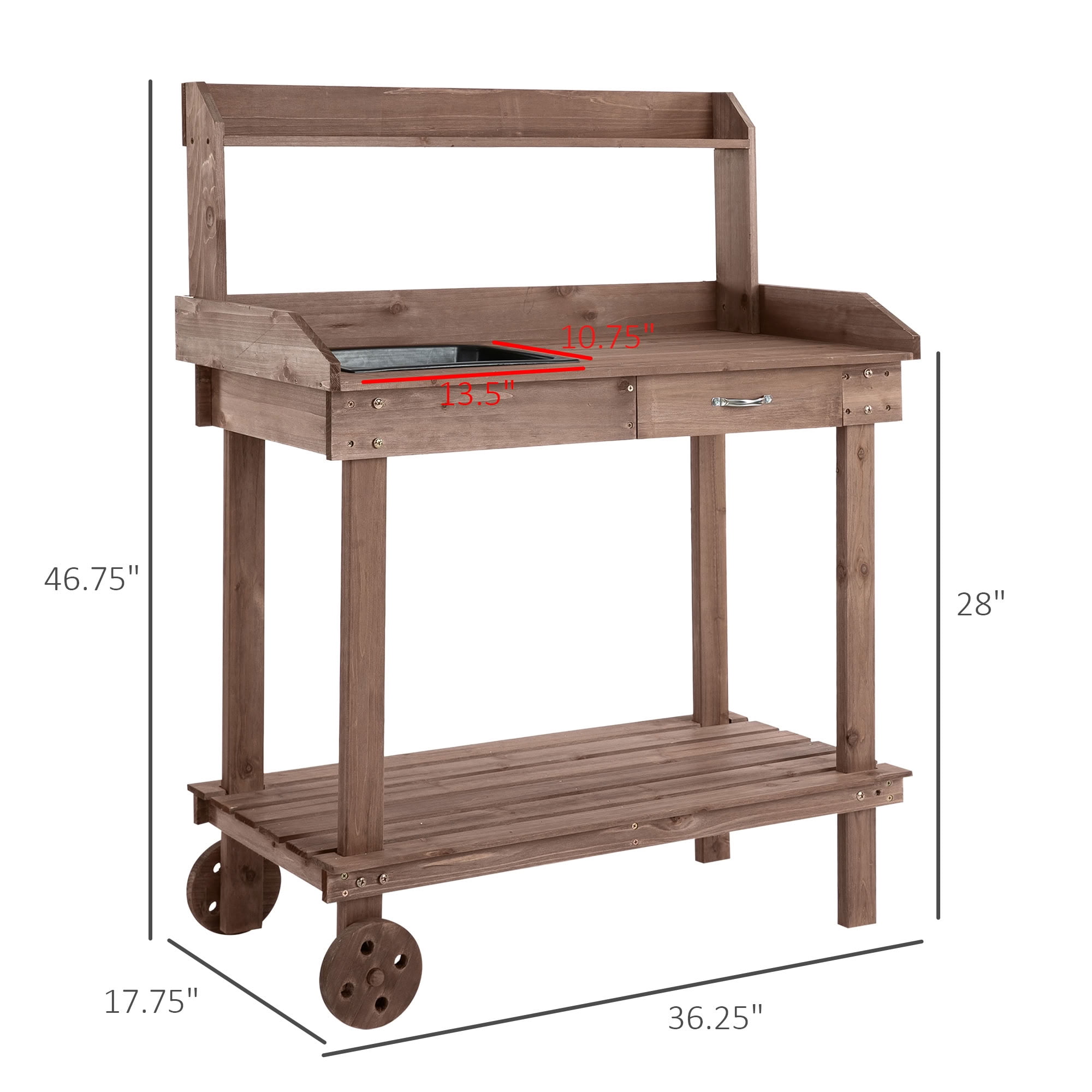 MAYEERTY 36" Wooden Potting Bench, Outdoor Garden Workstation with Removable Wheels, Sink, Drawer for Backyard, Patio, Deck