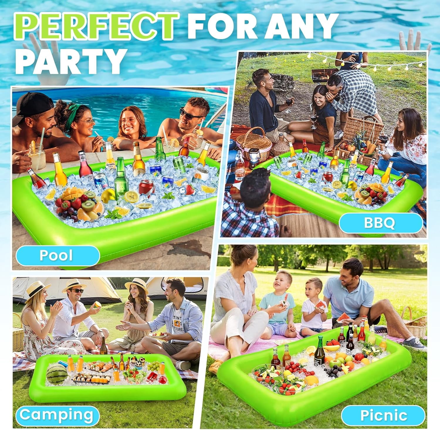 Large Inflatable Ice Serving Bar for Food, Drinks, Salad, Floating Buffet Cooler Tray with Drain Plug for Pool Party, BBQ, Picnic, Camping, Beach, and Outdoor Supplies