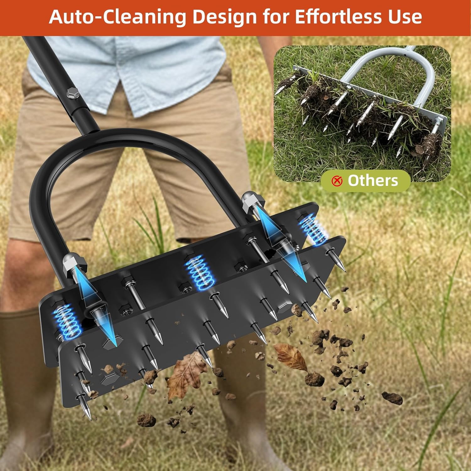 Manual Lawn Aerator Tool with 15 Spikes, 32"-35" Adjustable T-Handle Aerator for Lawn, Automatic Dirt Ejection Design, Heavy Duty Yard Grass Aerator for Soil Compaction，Black