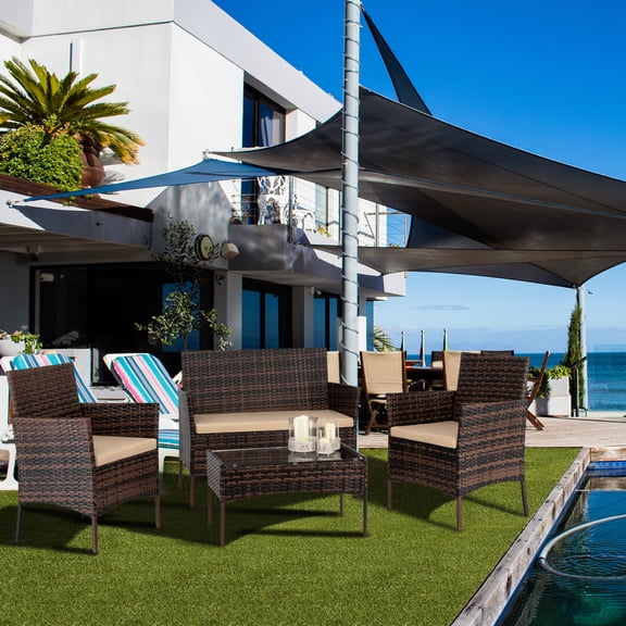 4 Piece Outdoor Patio Furniture Set, PE Rattan Wicker Chair Set, Sectional Furniture Bistro Set with Cushions and Tea Table, Wicker Conversation Set for Backyard Lawn Porch Garden Poolside, B428