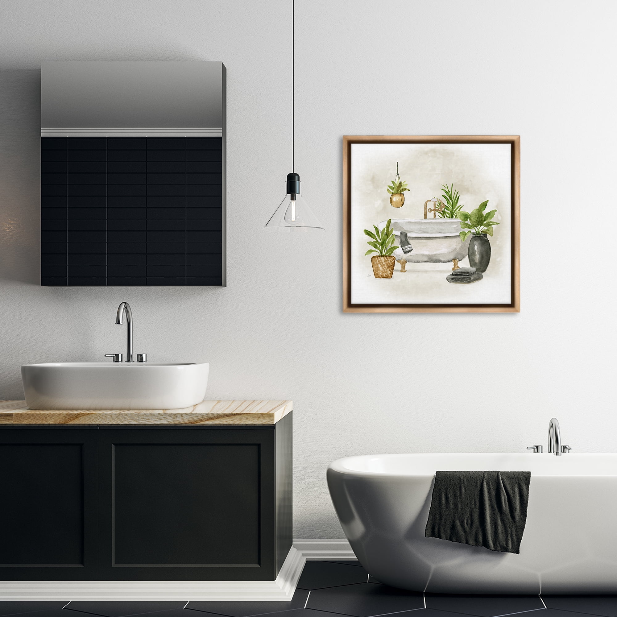 Stupell Industries Bathroom with Plants Bath & Laundry Painting Brown Floater Framed Canvas Art Print Wall Art, 25 x 25