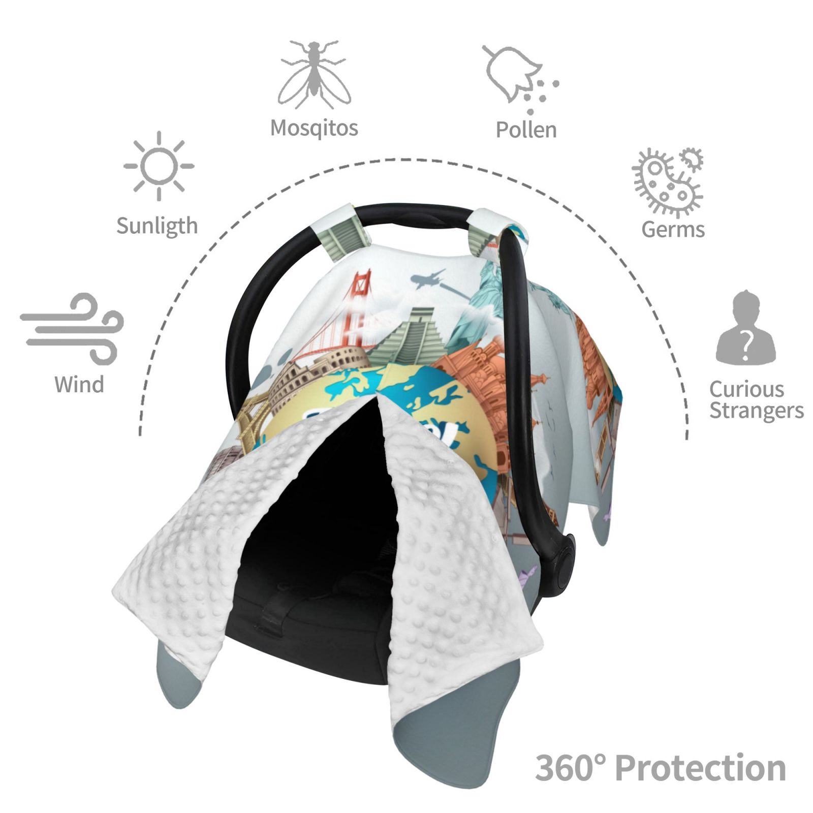 Car Seat Cover Baby - Travel Around The World Breathable Infant Car Seat Cover for Baby Carseat, Lightweight Comfort Baby Essentials Must Haves Newborn Stuff for Girl Boy