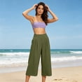 thumbnail image 4 of Womens Cropped Pants High Waisted Wide Leg Pleated Culottes Lightweight Casual Summer Trousers with Pockets for Travel Vacation,Olive Green,L, 4 of 7