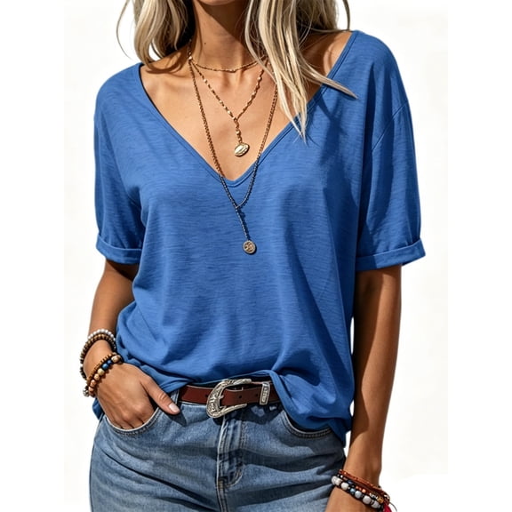 Deep V-neck Women Short Sleeved Casual Solid Colro T-shirt Tops