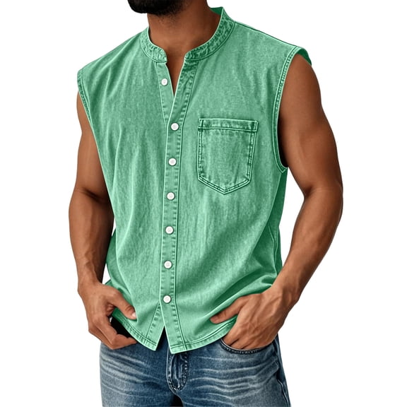 Men'S Denim Washed Distressed Sleeveless Button Down Shirt Casual Breathable Tank Top With Chest Pocket For Daily Wear And Street Style Tank,Green,L