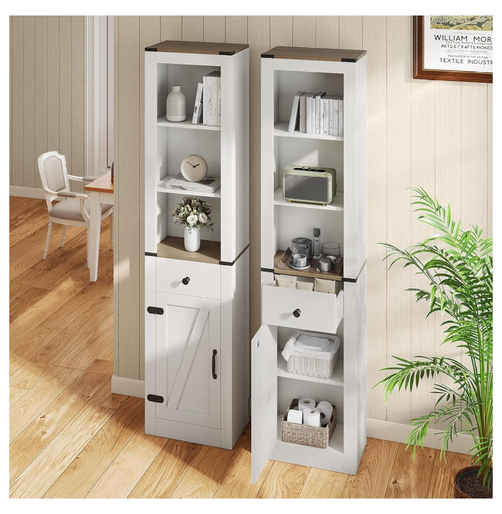 68” Tall Bathroom Cabinet with Barn Door, Narrow Slim Storage Organizer Unit with Drawer & Adjustable Shelf, Rustic Farmhouse Floor Cabinet for Laundry Room, Living Room, Kitchen
