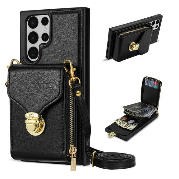 Nalacover Wallet Case for Samsung Galaxy S22 Ultra,with Removable Adjustable Shoulder Strap,PU Leather Back Zipper Pocket Card Holder Stand Purse Shockproof Phone Case for Women Men,Black