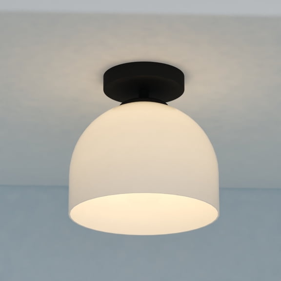 Shelby 1-Light 9.25 in. Wide Matte Black Semi Flush Mount Lighting Fixture, Frosted White Opal Glass