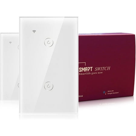 

BSEED Smart Touch Light Switch 2.4GHz WiFi in-Wall Light Switches Tempered Glass Panel Works with Alexa/Google/IFTTT Neutral Wire Needed No Hub Required 2 Gang 1 Way Pack of 2 (White)