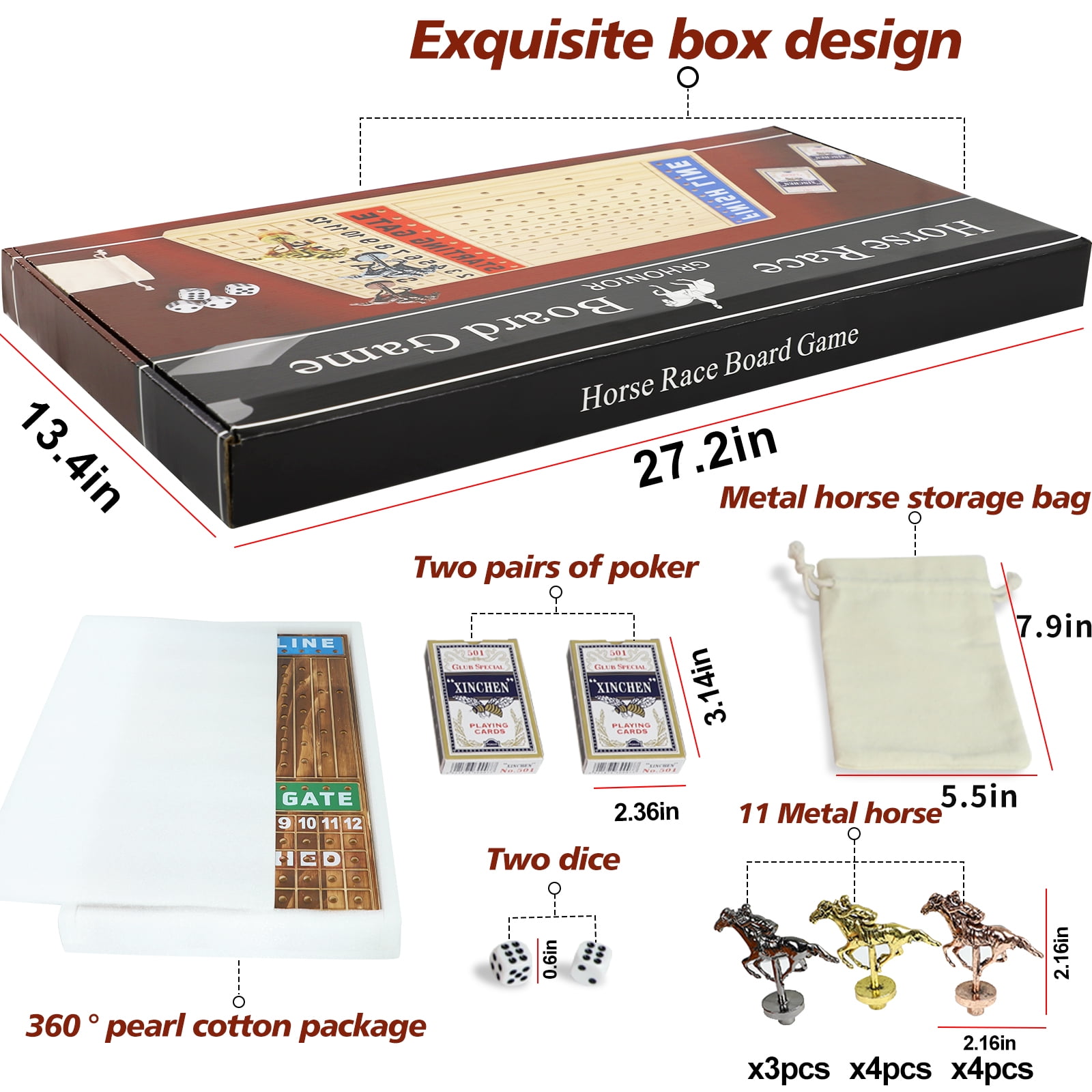 Horse Race Board Game Racing Game Thickened Pine with 11 Luxurious Durable Classic Metal Horses with 4 dice and 2 Boxes of Cards Across Finish Line Horse Racing Game