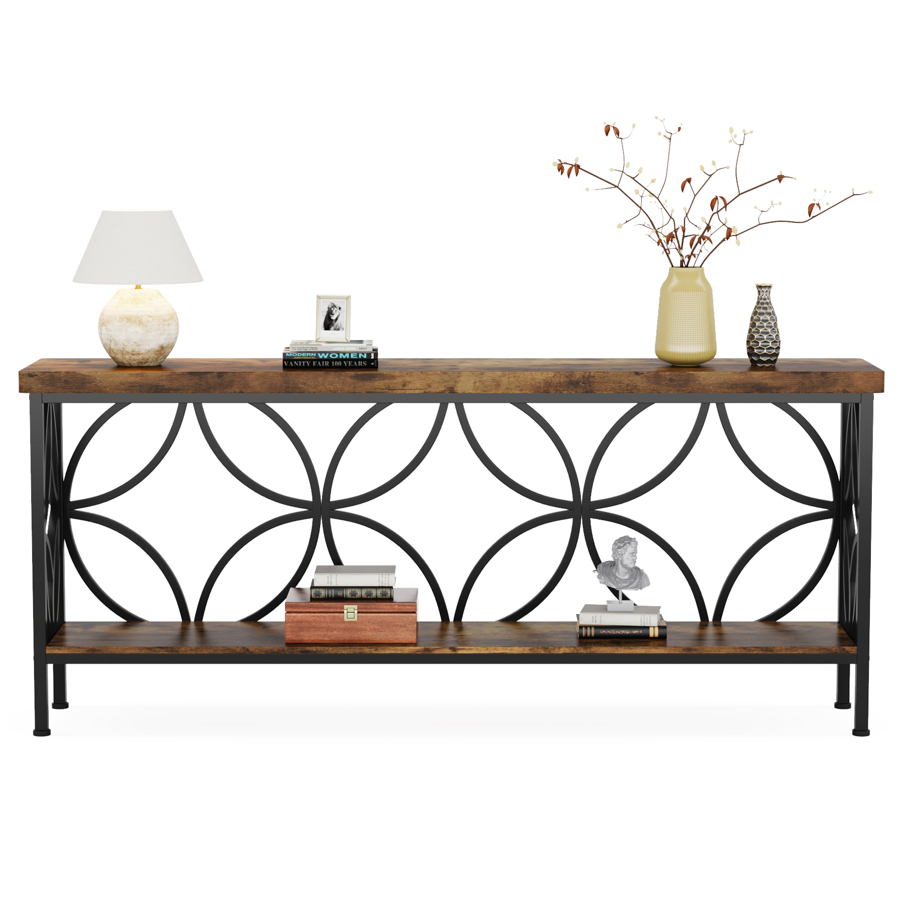 Fnova 70.9" Industrial Console Table, 2-Tier Wood Storage Narrow Sofa Table, Behind Couch with Metal Frame, for Living Room, Entryway, Foyer, Easy Assembly