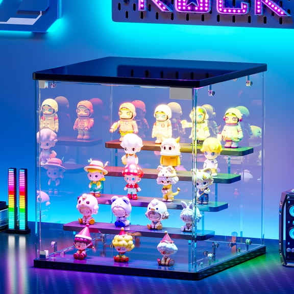 VKCC Glass Display Case with RGB Lights,Small Display Cabinet with Glass Door,Lighted Showcase for Collectibles Action Figures,Glass Figure Display Box,Black
