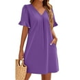 thumbnail image 5 of QIJIE Shift Dress for Women V Neck Short Sleeves Solid Color Casual Flowy Summer Dresses(S-2XL) Purple L, 5 of 5
