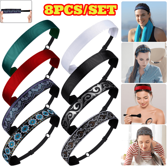 8pcs Elastic Headbands for Women, Adjustable Non Slip Velvet Lined Headbands, Boho Hair Bands for Sport Yoga Makeup