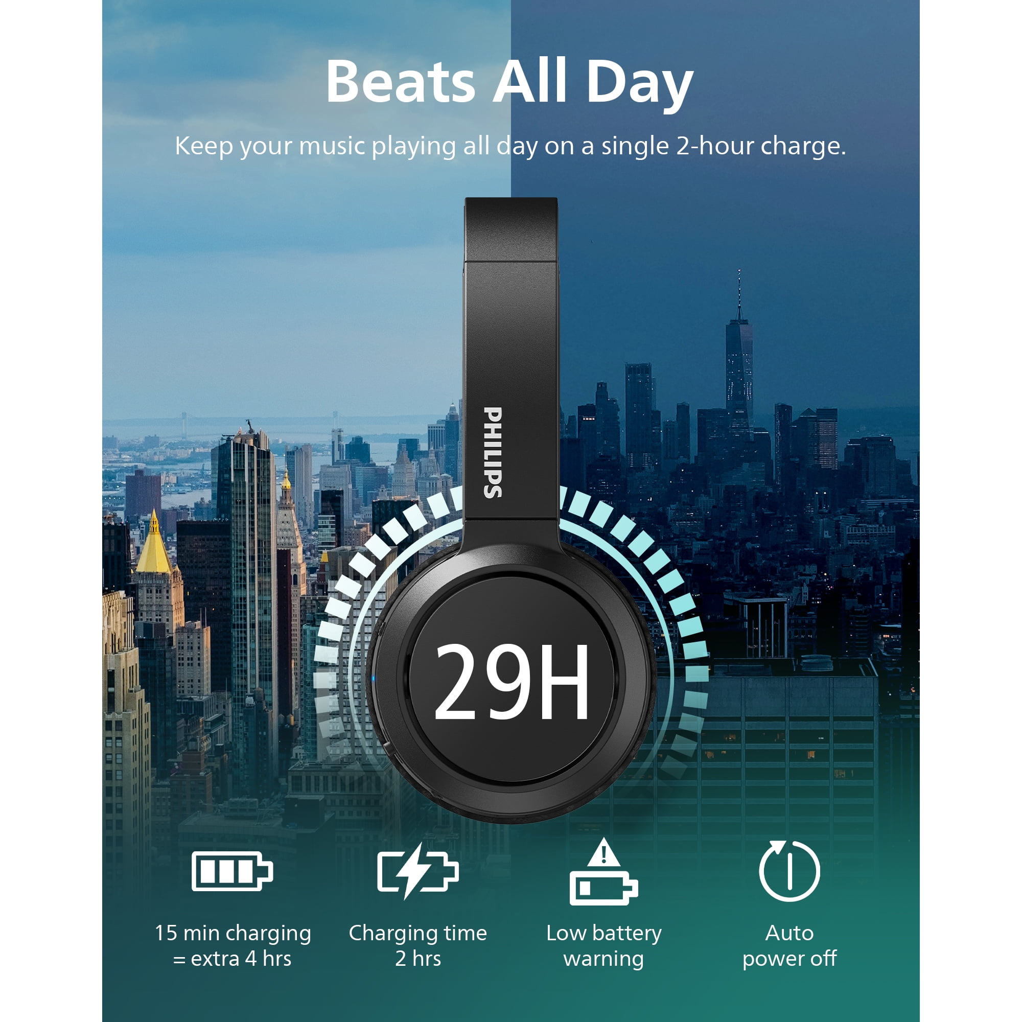 Philips H4205 on-Ear Wireless Headphones with 32mm Drivers and BASS Boost on Demand, Black