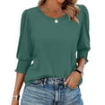 thumbnail image 4 of bbyeadc Women's 2025 Fashion T-Shirts Round Neck Puff Cuff Pleated Shirts Three Quarter Sleeve Dressy Casual Loose Trendy T-Shirt Blouses Summer Solid Business Casual Blouses, Dark Green L, 4 of 7
