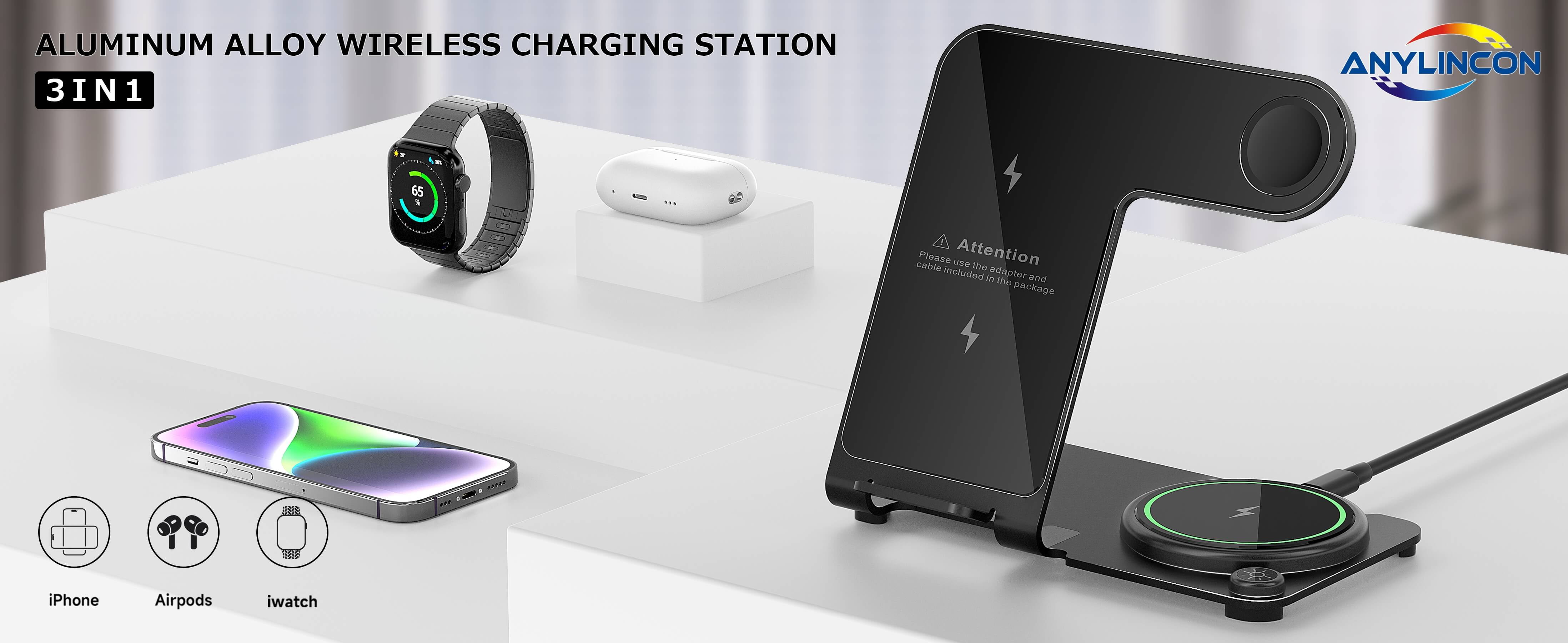 Wireless Charger, Aluminum Alloy 3 in 1 Wireless Charging Station for Apple iPhone/iWatch/Airpods,iPhone 14,13,12,11 (Pro, ProMax)/XS/XR/XS/X/8(Plus),iWatch8/7/6/SE/5/4/3/2,AirPods 3/2/pro