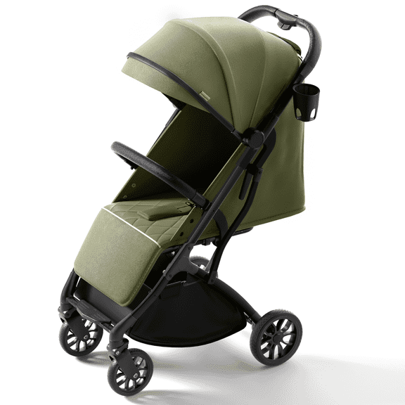 newyoo GlideTow TR18M Lightweight Travel Stroller for Baby, Compact Foldable Infant Stroller with Luggage Handle & Cup Holder, One-Hand Easy Fold, Near Lay Flat Recline Seat, Green