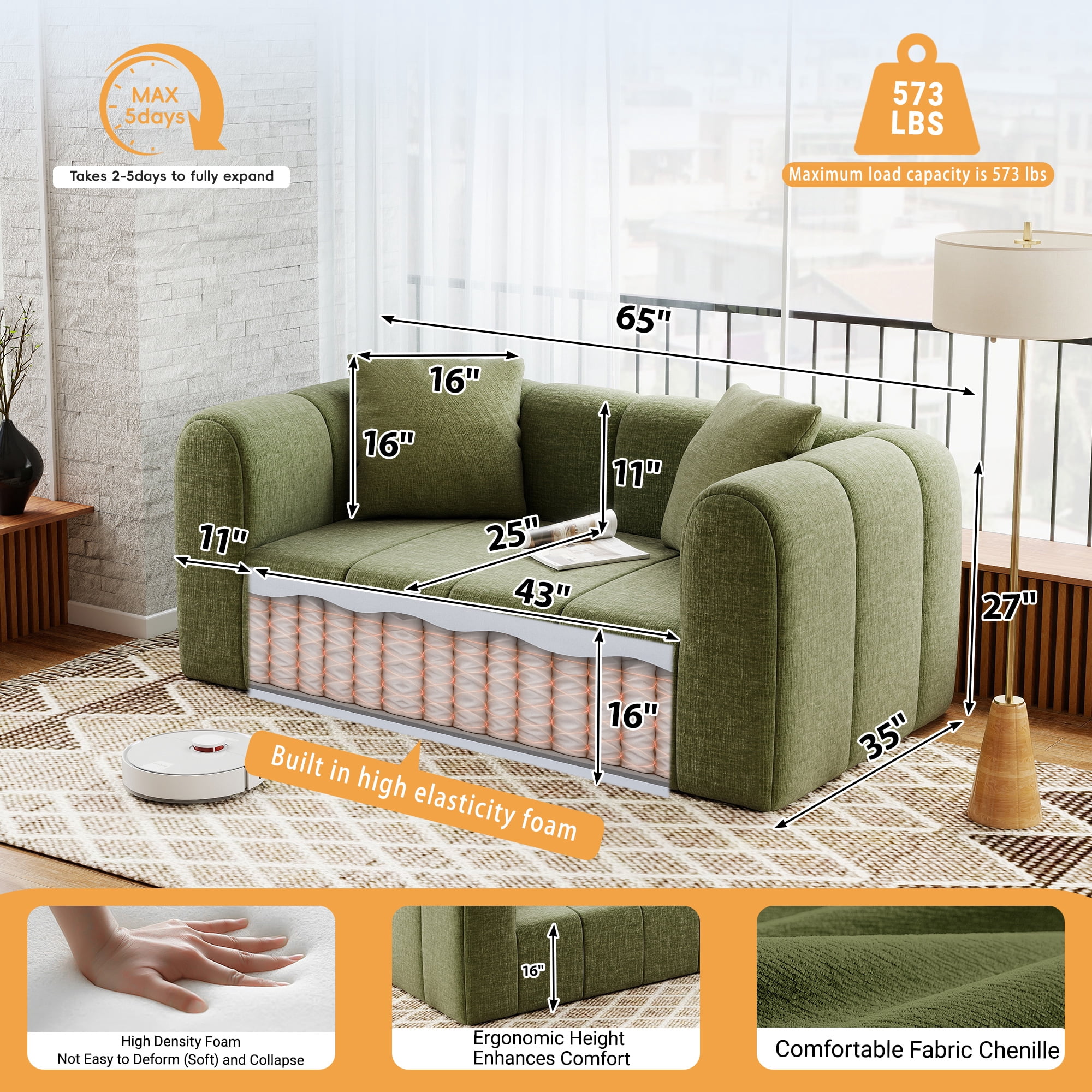 Meeyar Loveseat Sofa with 2 Cushions, 65" Modern Bubble Couch 2 Seater for Living Room, Green