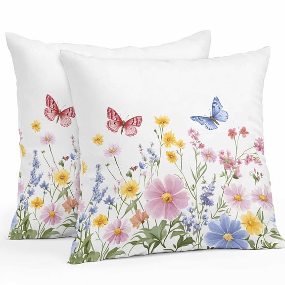 Pink Blue Yellow Floral Outdoor Pillow Covers Pack of 2 Butterfly Wildflower Watercolor Plant Waterproof Throw Pillow Covers Decorative Cushion Cases for Patio Garden Tent Balcony Couch 18x18 inch