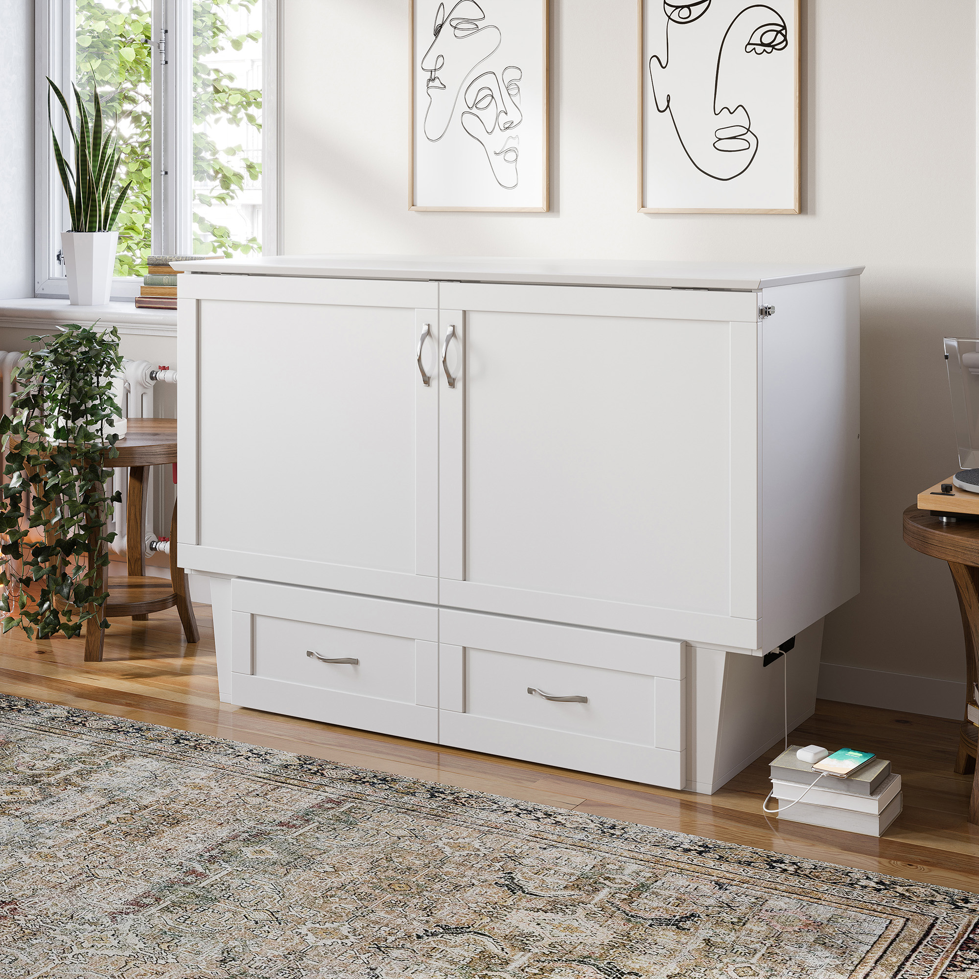 AFI Monroe Full Solid Wood Murphy Bed Chest with 6" Mattress, Drawer & Charger, White