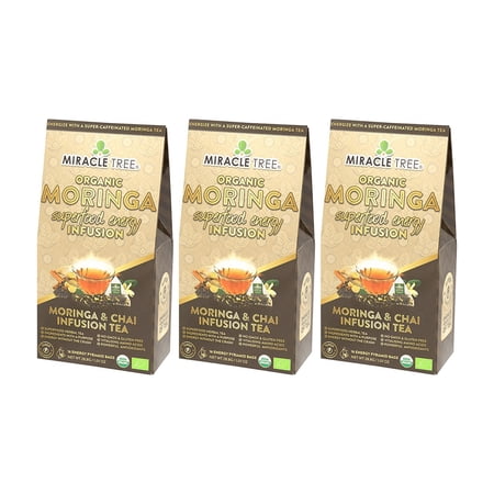 Miracle Tree s Moringa Energy Tea - Chai | Super Caffeinated Blend | Healthy Coffee Alternative Perfect for Focus | Organic Certified & Non-GMO | 3 X 16 Pyramid Sachets