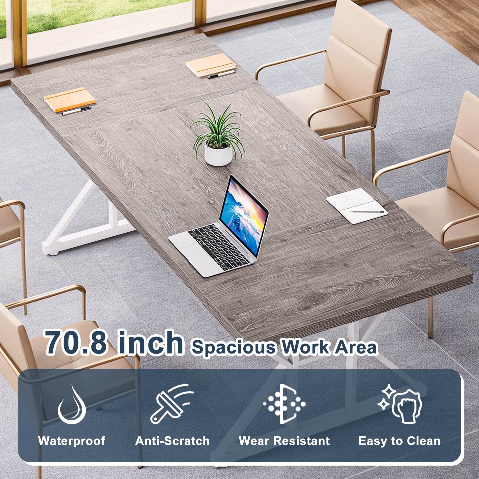 Demi Bonn 71" Farmhouse Dining Table, Wood Rustic Kitchen Table for 6 People, Large Rectangular Dinner Table for Dining Room, Home Office, Living Room Furniture, Gray & White