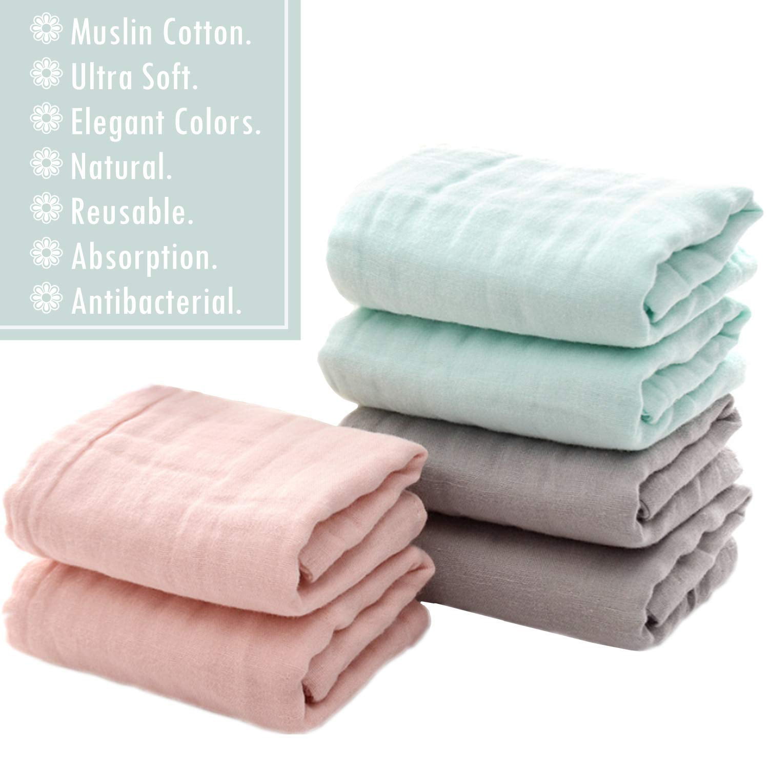 Baby Wipes for Baby Sensitive Skin Set of 6 Muslin Face Towels for Newborn,Ultra Soft Wash Cloths for Babies Baby Bath Washcloths by MUKIN Perfect Baby Shower Gift.12X12 