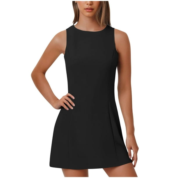 Vestido de Verano Casual de Mujer de Color Sólido sin Mangas Diseño de Cuello Redondo, Vestido Cómodo de Poliéster Ligero