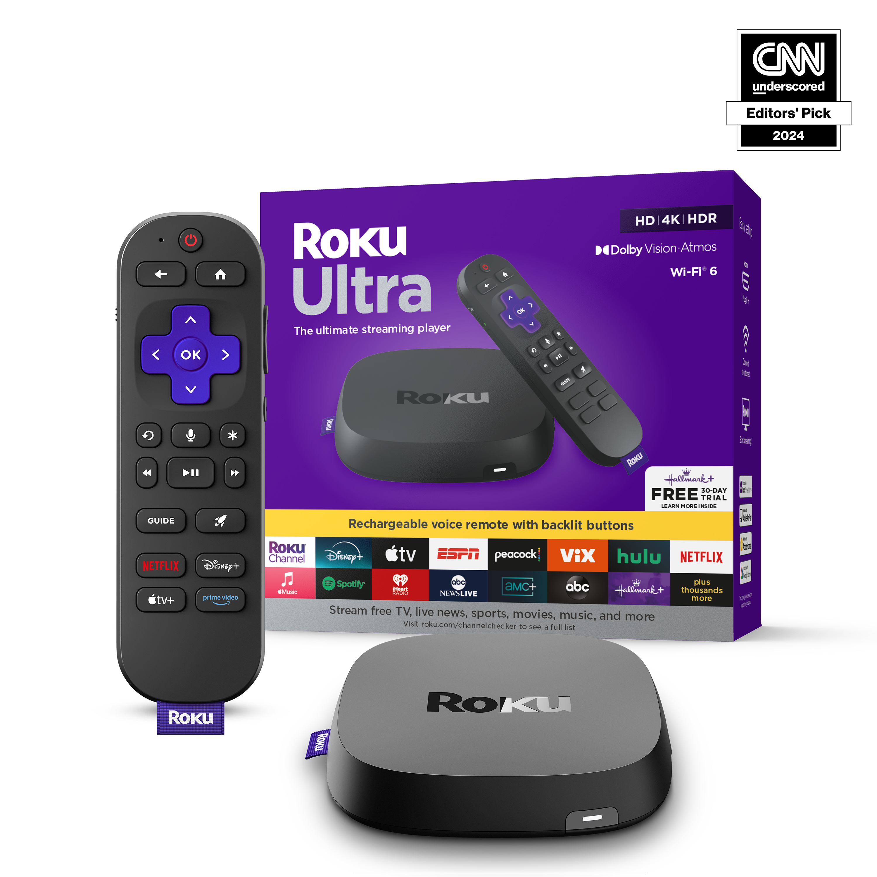 Roku Ultra | 4K/HDR10+/Dolby Vision & Atmos Streaming Device - Rechargeable Backlit Voice Remote โ Free & Live TV