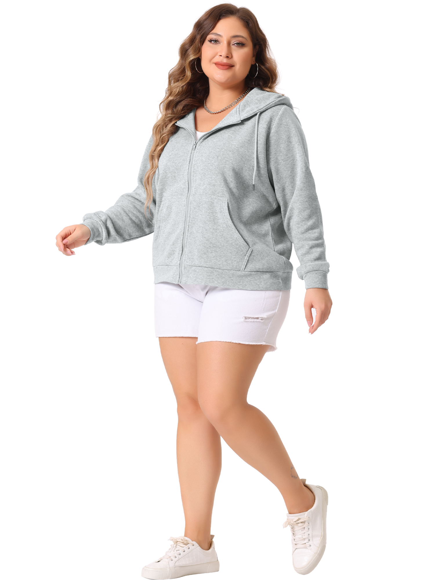 DARING DIVA Plus Size Zip Up Long Sleeve Hooded Jacket 1X Grey