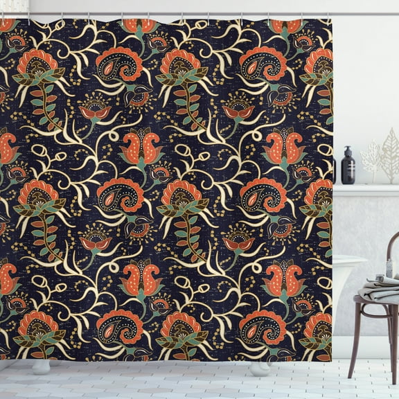 Ambesonne Jacobean Shower Curtain, Grunge Flora Curl, 69"Wx75"L, Indigo and Multicolor